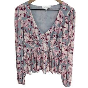 Brea Canyon Blue & Pink Floral Mesh Long Sleeve Top Size Large